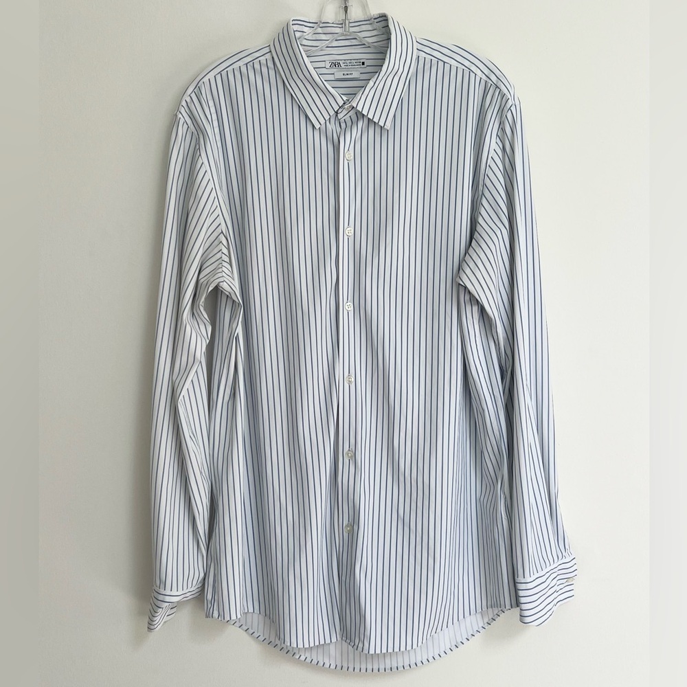 Zara Men's White and Blue Strip Dress Shirt